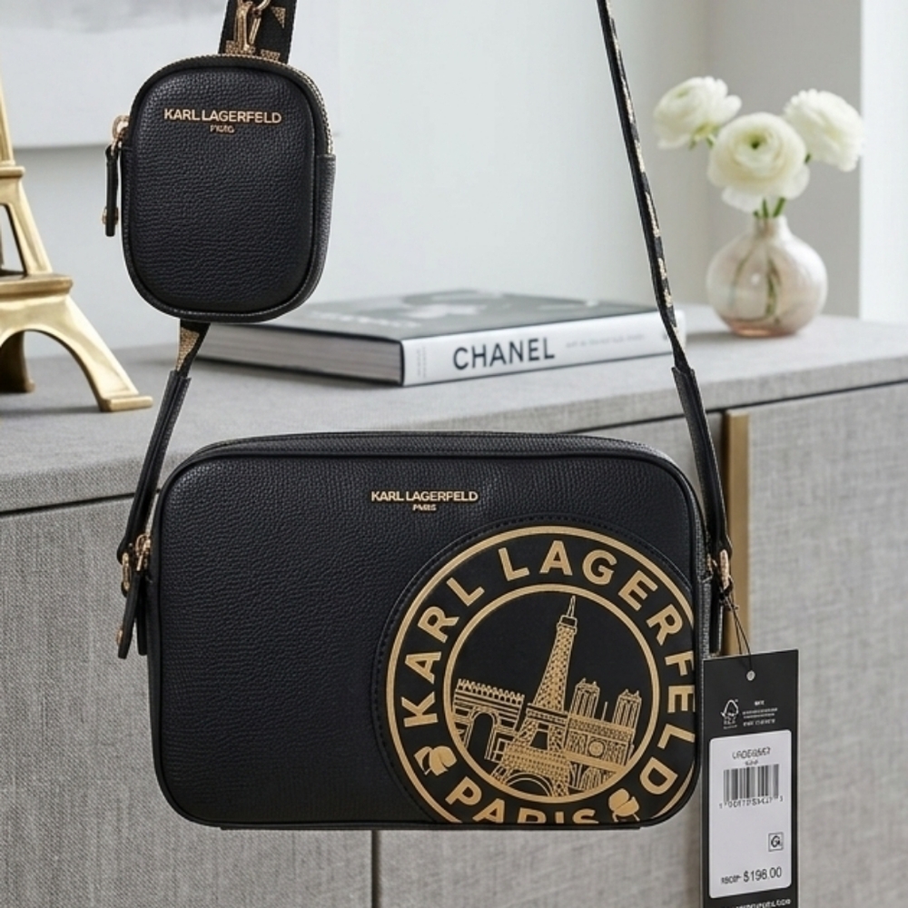 Karl Lagerfeld Paris Maybelle Crossbody Camera Bag with Pouch - Black/Gold NWT